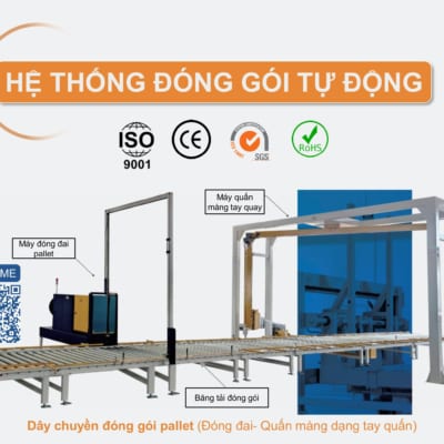 Hệ thống đóng gói tự động – Dây chuyền đóng gói pallet (Đóng đai – Quấn màng dạng tay quấn)
